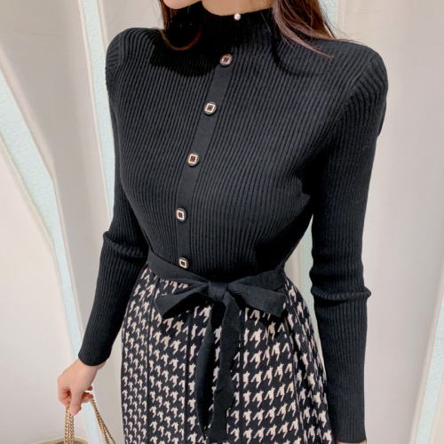 French gentle style breast high collar stitching waist closing thousand bird check knitted dress for women with coat black wool dress
