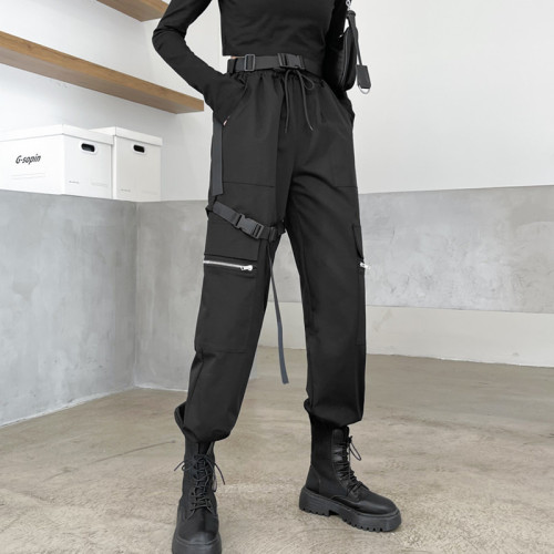 Real shooting ~  spring overalls women are thin, high waist and bound feet, loose straight black casual pants and sports pants