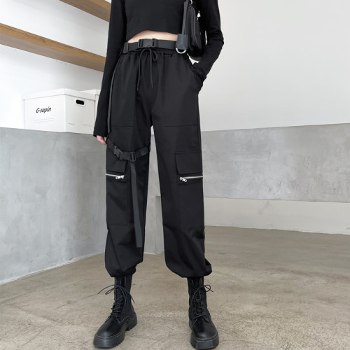 Real shooting ~  spring overalls women are thin, high waist and bound feet, loose straight black casual pants and sports pants