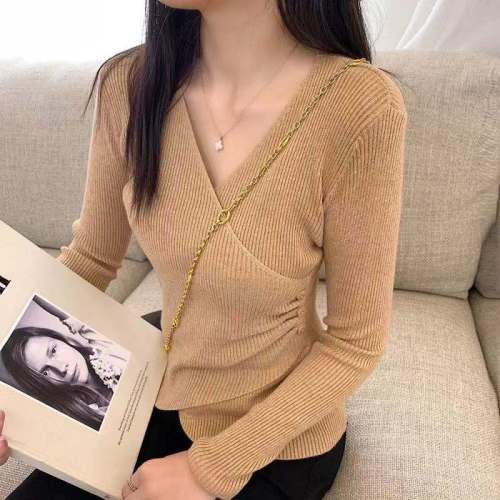 New short bottoming shirt for fall / winter 2020 women's long sleeve cross V-neck tight fitting sweater fashion