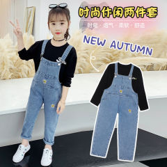 Girls' suspenders autumn middle school girls' loose jeans pants children's foreign style suspender pants suit