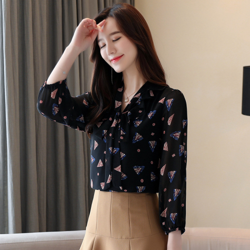 Real shot long sleeve Floral Chiffon Top Women's spring new lace up shirt fashion bottom coat foreign style small shirt