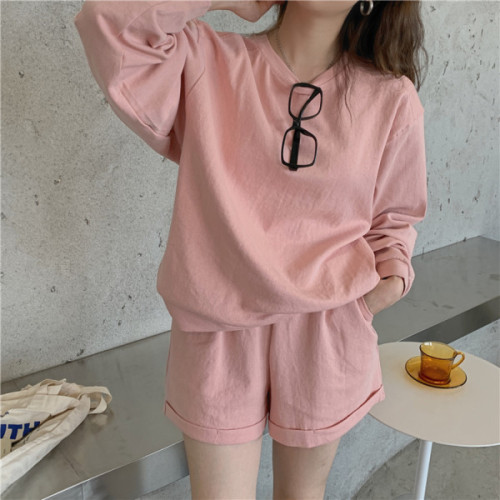 Ins fashion leisure two piece women's spring and autumn  Korean loose sweater wide leg shorts running suit
