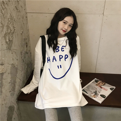 Autumn and winter Korean loose medium and long letter printing with long sleeve T-shirt