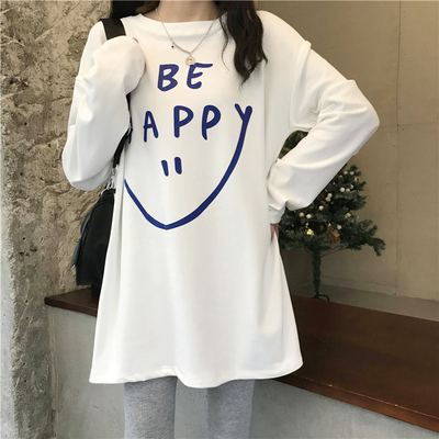Autumn and winter Korean loose medium and long letter printing with long sleeve T-shirt