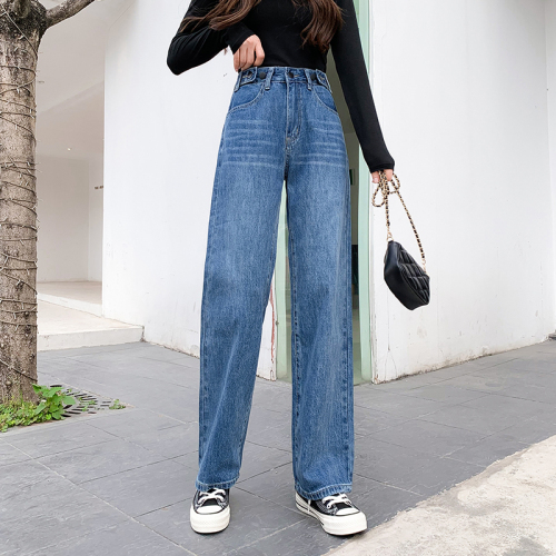 Real photo jeans women's straight tube loose spring lengthened tall high waist thin and fat mm Wide Leg Pants Small