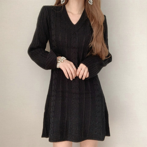 Spring style twist knitted short skirt V-neck slim wool dress