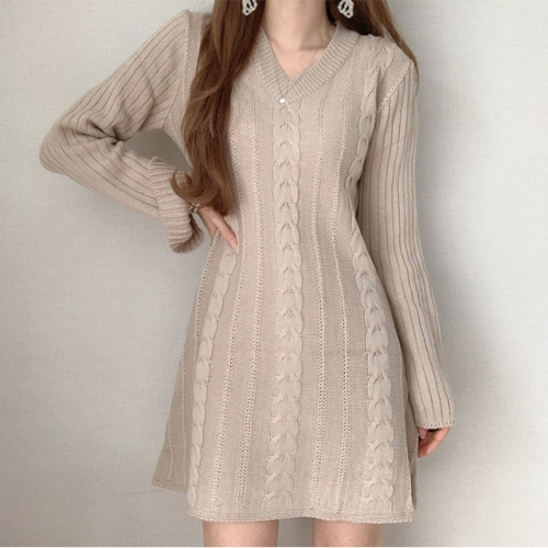 Spring style twist knitted short skirt V-neck slim wool dress