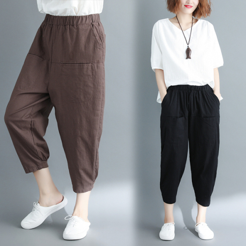 2021 spring and summer new fat mm large pants women's literature and art cotton hemp elastic loose Harem Pants Capris fashion