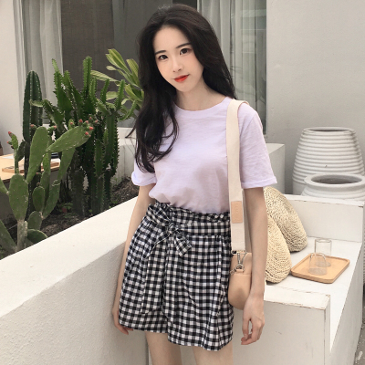 Mass stock round neck loose and thin short sleeve T-shirt two piece Plaid wide leg pants fashion suit