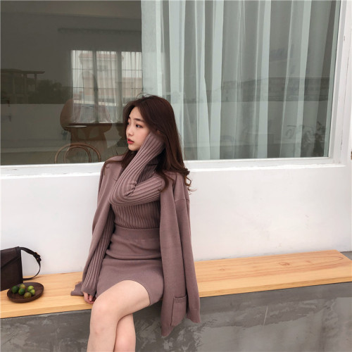 Real price high neck Pullover Sweater loose long sleeve cardigan three piece skirt