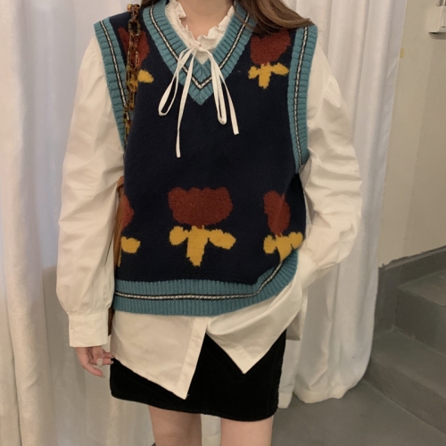 Japanese loose knit sweater vest + Korean versatile stand collar lace up baby collar shirt