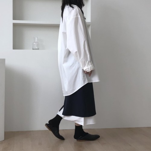 Korean Retro Mid long Pullover solid loose round neck shirt