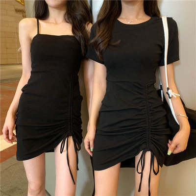 Sexy suspender temperament girlfriends short sleeve dress women's summer new style drawstring show thin buttock skirt