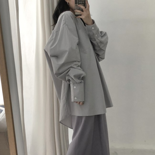 Korean Retro Mid long Pullover solid loose round neck shirt