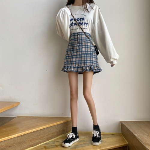 Real auction real price ~ plaid skirt female 2021 spring high waist and thin A-line auricular skirt with buttocks and student skirt
