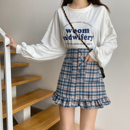 Real auction real price ~ plaid skirt female 2021 spring high waist and thin A-line auricular skirt with buttocks and student skirt