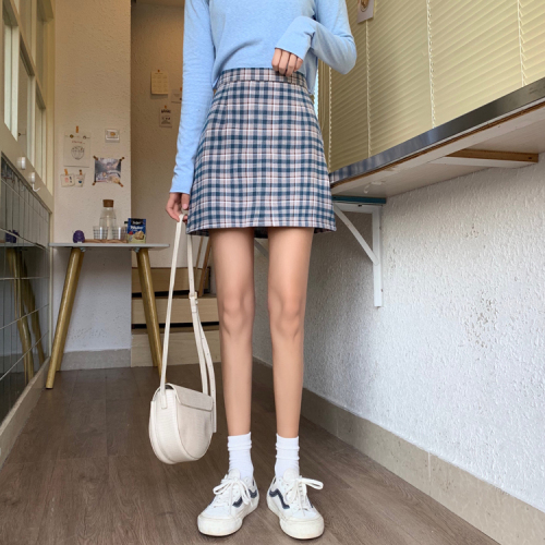 Real price ~ Plaid short skirt female 2021 spring new Korean high waist slim skirt A-line student skirt