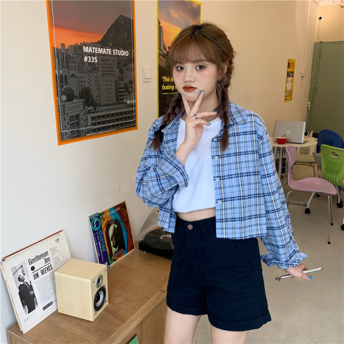 Real price 2021 early spring new short plaid shirt top