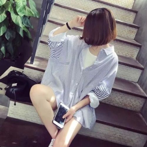Spring striped shirt women's wear medium length long sleeve large size student versatile loose Han Fan boyfriend style coat village clothes