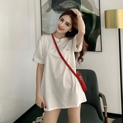 Medium length short sleeve T-shirt women's foreign style fashion Korean versatile summer top