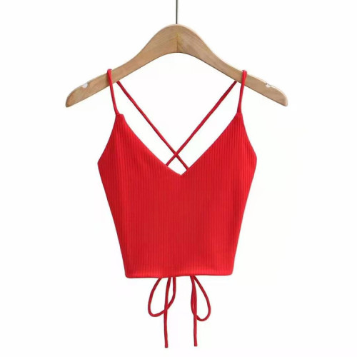 2021 new sexy and beautiful back cross tied rope knitted bottomed top high waist suspender vest women's fashion