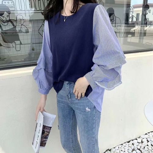 2021 South Korea spring new stripe stitching long sleeve shirt fake two-piece top retro niche shirt girl