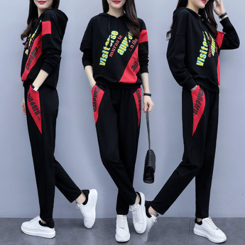 Large size women's wear western style age reducing letter long sleeve sports suit spring and autumn new fat mm show thin cover meat two piece set
