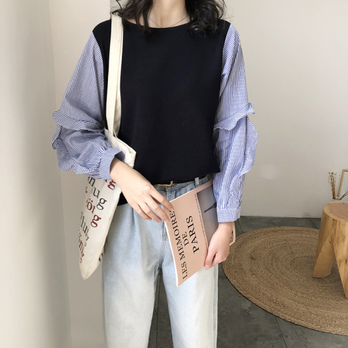 2021 South Korea spring new stripe stitching long sleeve shirt fake two-piece top retro niche shirt girl