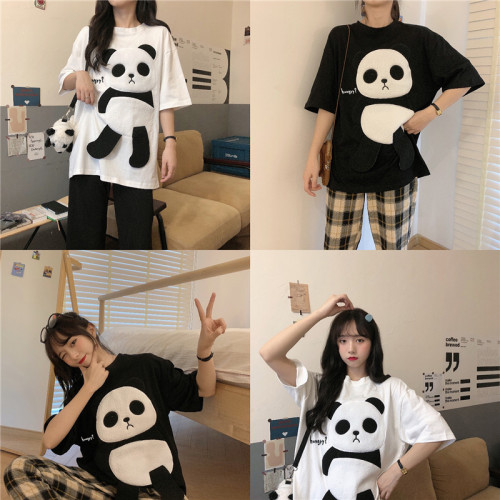 Real photo 2020 new cartoon hairy panda letter embroidery girl's Short Sleeve T-Shirt