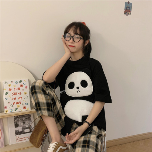 Real photo 2020 new cartoon hairy panda letter embroidery girl's Short Sleeve T-Shirt