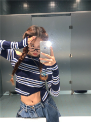 Real shot hanging neck off shoulder striped t-shirt design sense slim short open navel top