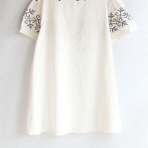 Japanese loose embroidery flower white academy style short sleeve cotton hemp dress