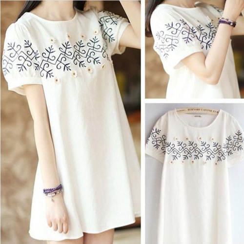 Japanese loose embroidery flower white academy style short sleeve cotton hemp dress
