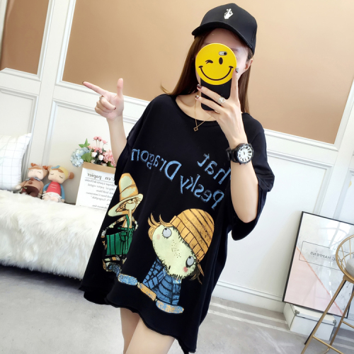 Short Sleeve T-shirt Summer Dress New Korean Version Loose Baituan Cartoon T-shirt Medium and Long Bamboo Cotton