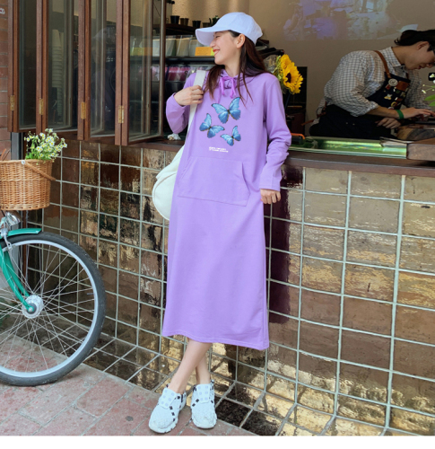 Real shooting fish scale spring and autumn thin long sleeve hooded loose long dress