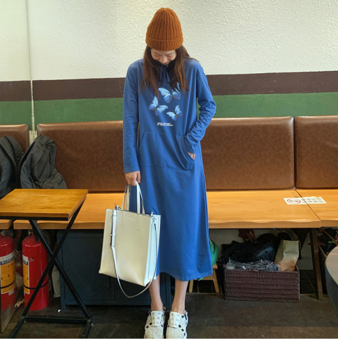 Real shooting fish scale spring and autumn thin long sleeve hooded loose long dress