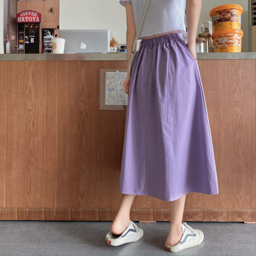 Real price ~ Purple mid length skirt women's 2021 new elastic waist versatile A-line large swing skirt umbrella skirt thin