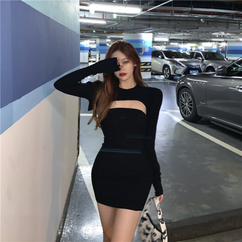 Korean super short and versatile Long Sleeve Top + stretch thread bra dress