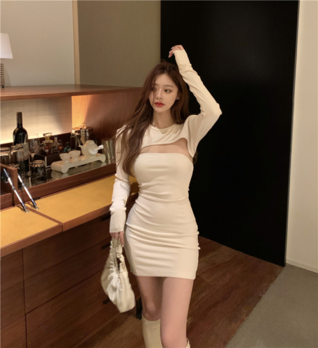 Korean super short and versatile Long Sleeve Top + stretch thread bra dress