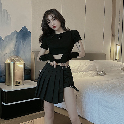 Real shooting summer new dark series super cool short sleeve T-shirt + high waist slim ring pleated short skirt two piece set