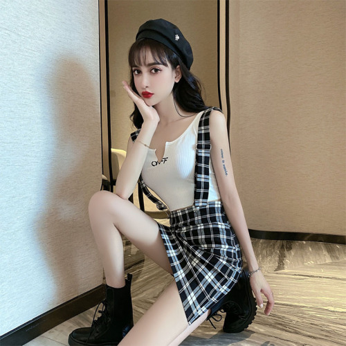 Real shooting Hong Kong style two piece set summer new elastic sexy suspender vest lattice strap SKIRT AGE reducing suit