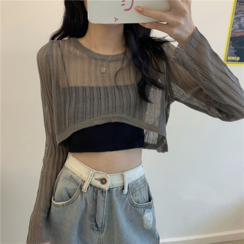 Real shooting and real price hollow out knitwear summer short open navel long sleeve sunscreen clothes for women