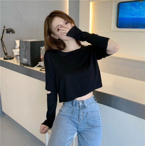 Real shooting round neck long sleeve perforated versatile T-shirt real price