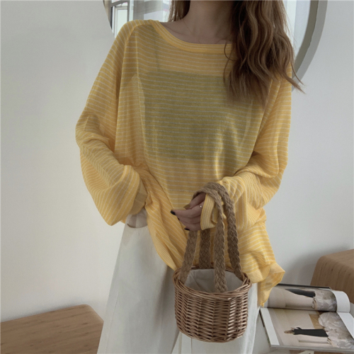 Real price thin stripe long sleeve knitted T-shirt women's summer loose sunscreen Shirt Top
