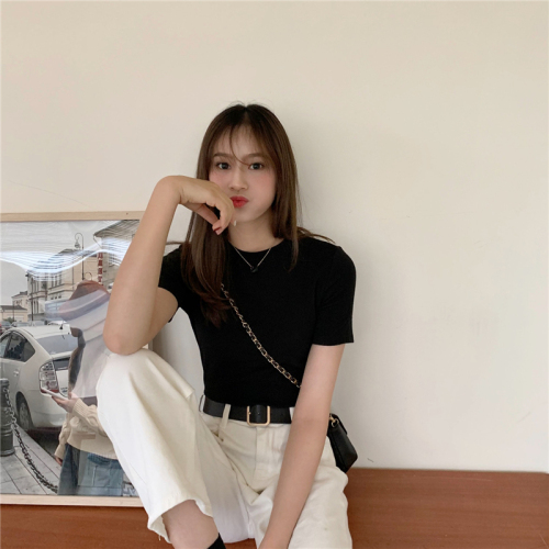Real price summer new slim and versatile solid short sleeve T-shirt women's short top