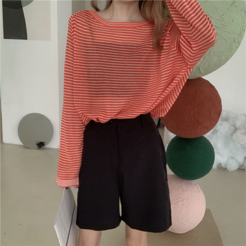 Real price thin stripe long sleeve knitted T-shirt women's summer loose sunscreen Shirt Top