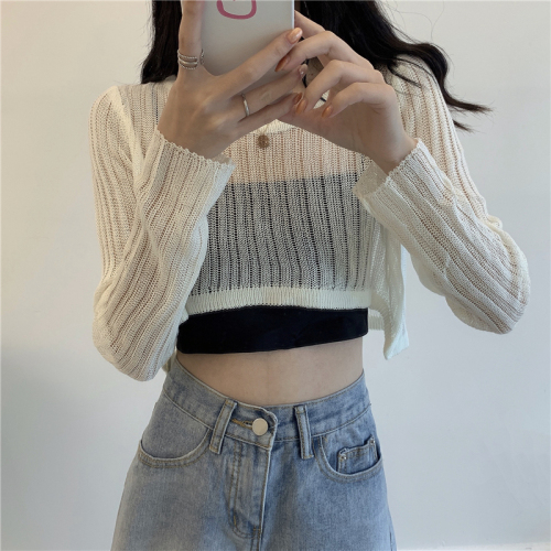 Real shooting and real price hollow out knitwear summer short open navel long sleeve sunscreen clothes for women