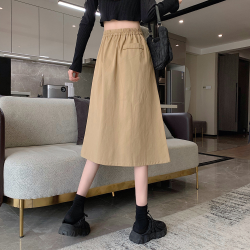 Real price slim skirt women's 2021 spring retro double pocket high waist Korean versatile elastic waist mid length dress