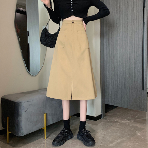 Real price slim skirt women's 2021 spring retro double pocket high waist Korean versatile elastic waist mid length dress